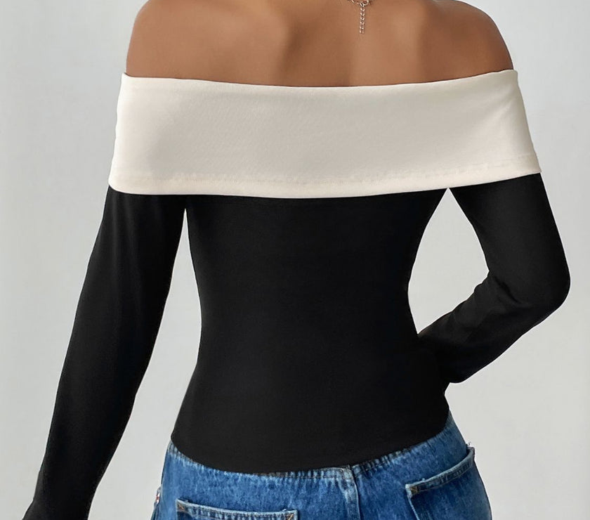 Perfee Bow Contrast Off-Shoulder Long Sleeve Top