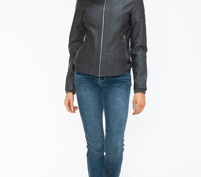 Snobbish PU Leather Biker Jacket with Side Zip Pockets
