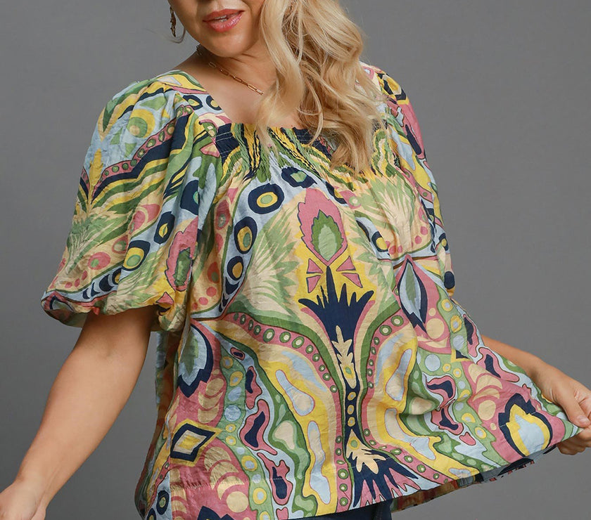 Umgee Full Size Abstract Print Smocked Square Neck Puff Sleeve Blouse