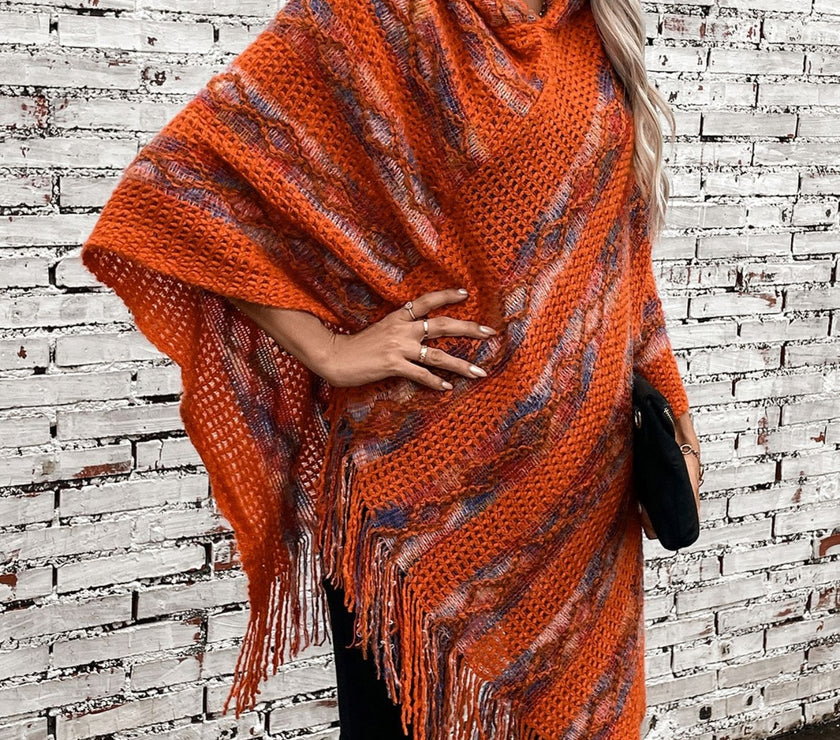 Fringe Contrast Hooded Poncho