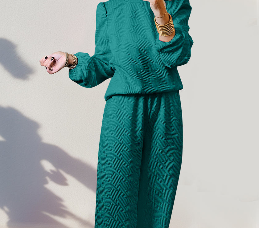 Double Take Texture Long Sleeve Top and Wide Leg Pants Set