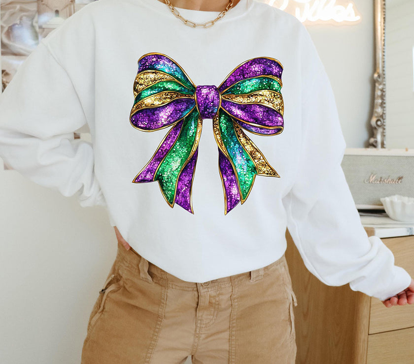 White Mardi Gras Bow Graphic Drop Shoulder Sweatshirt