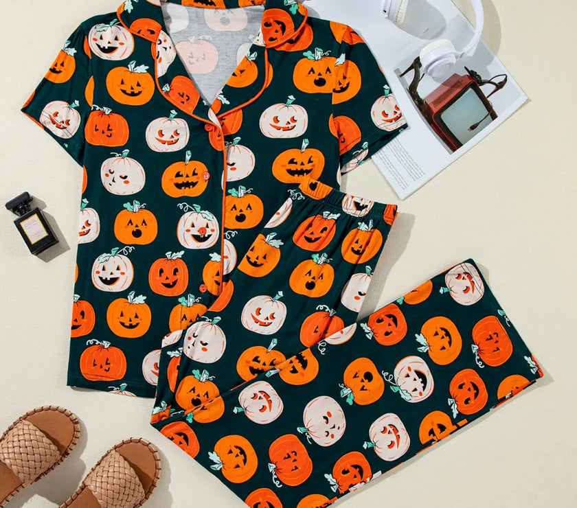 Pumpkin Printed Short Sleeve Top and Pants Lounge Set
