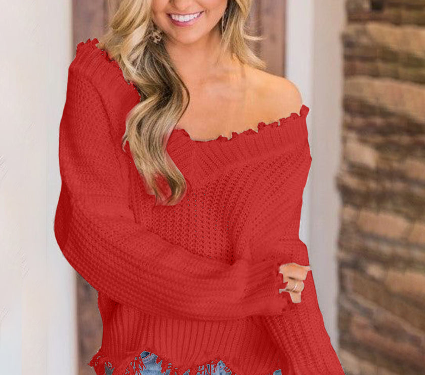 Frayed Hem Dropped Shoulder Sweater