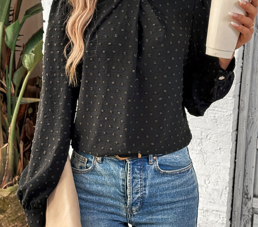Swiss Dot Mock Neck Long Sleeve Blouse