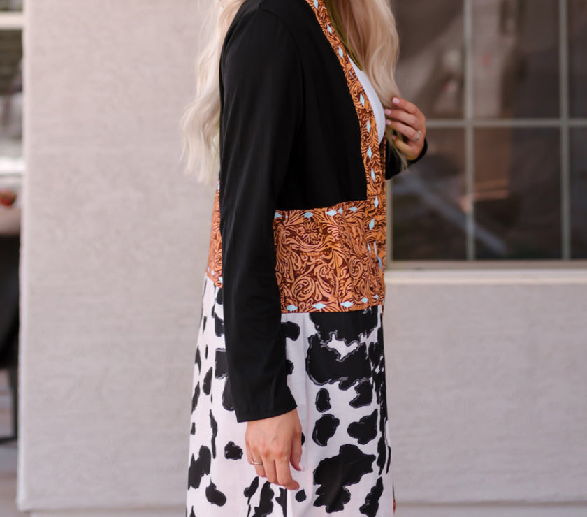 Black Western Pattern Cow Patchwork Open Front Cardigan