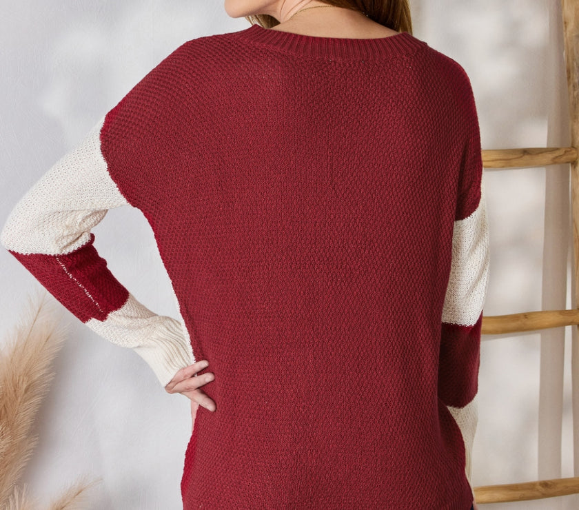 Hailey & Co Full Size Color Block Dropped Shoulder Knit Top