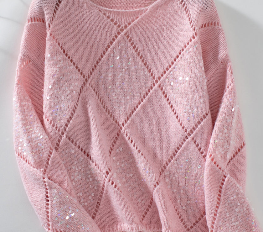 Openwork Round Neck Long Sleeve Knit Top