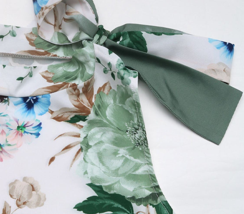 Tied Flower Printed Mock Neck Top