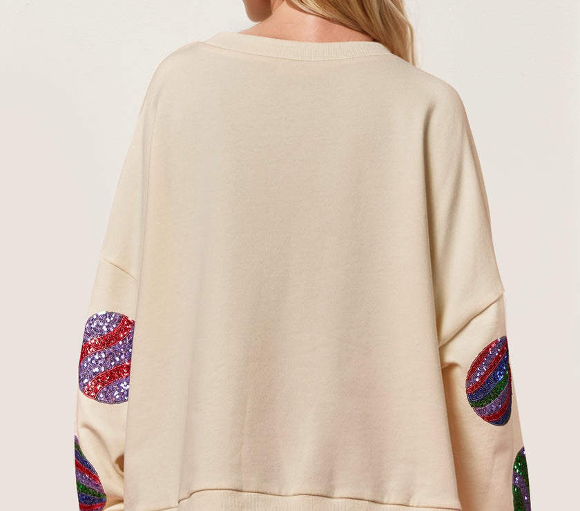 Double Take Christmas Element Sequin Round Neck Long Sleeve Sweatshirt