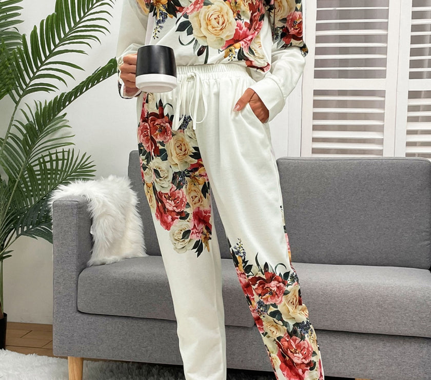 Shiny Printed Round Neck Top and Pants Lounge Set