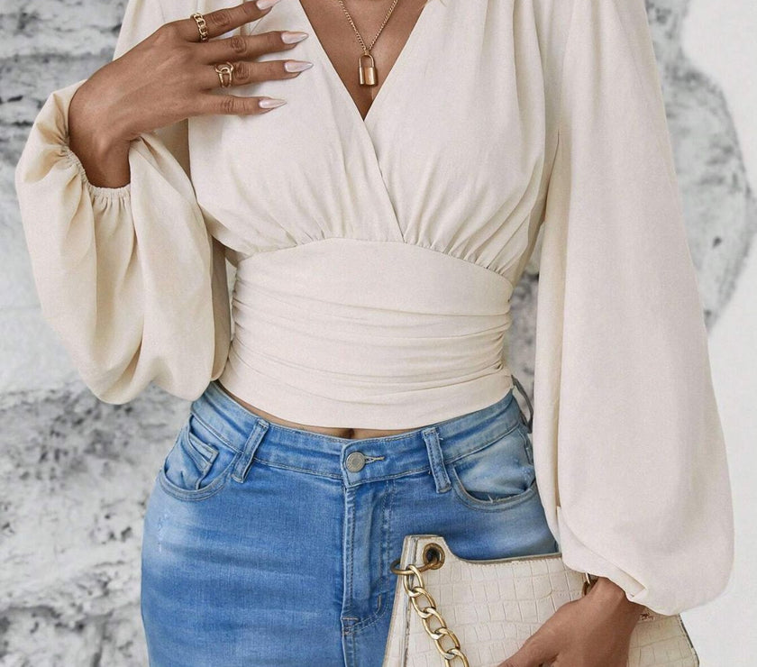 Smocked Surplice Balloon Sleeve Top