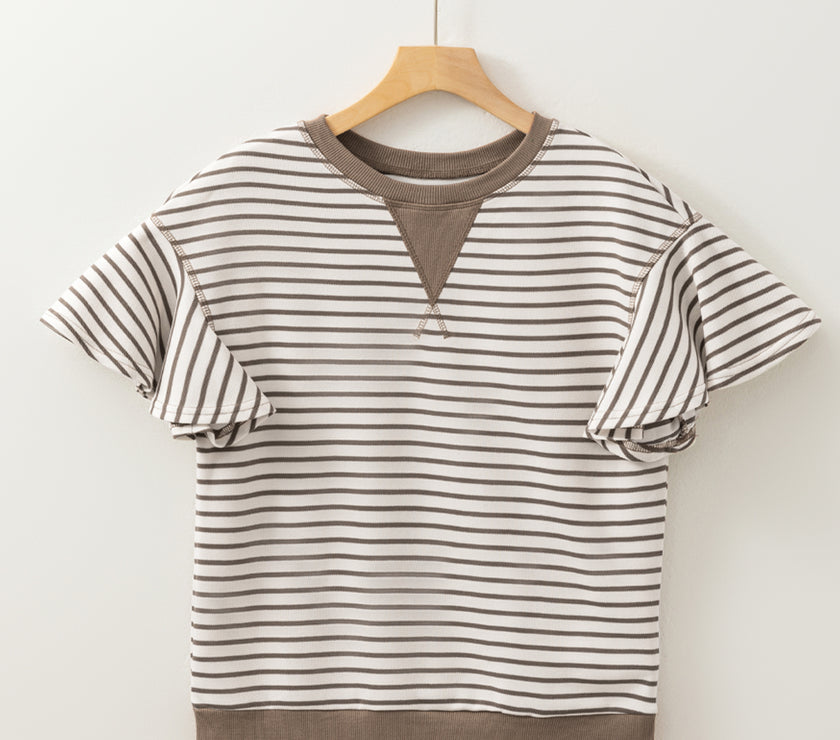 Parchment Contrast Detail Striped Ruffle Short Sleeve Top