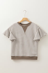 Parchment Contrast Detail Striped Ruffle Short Sleeve Top