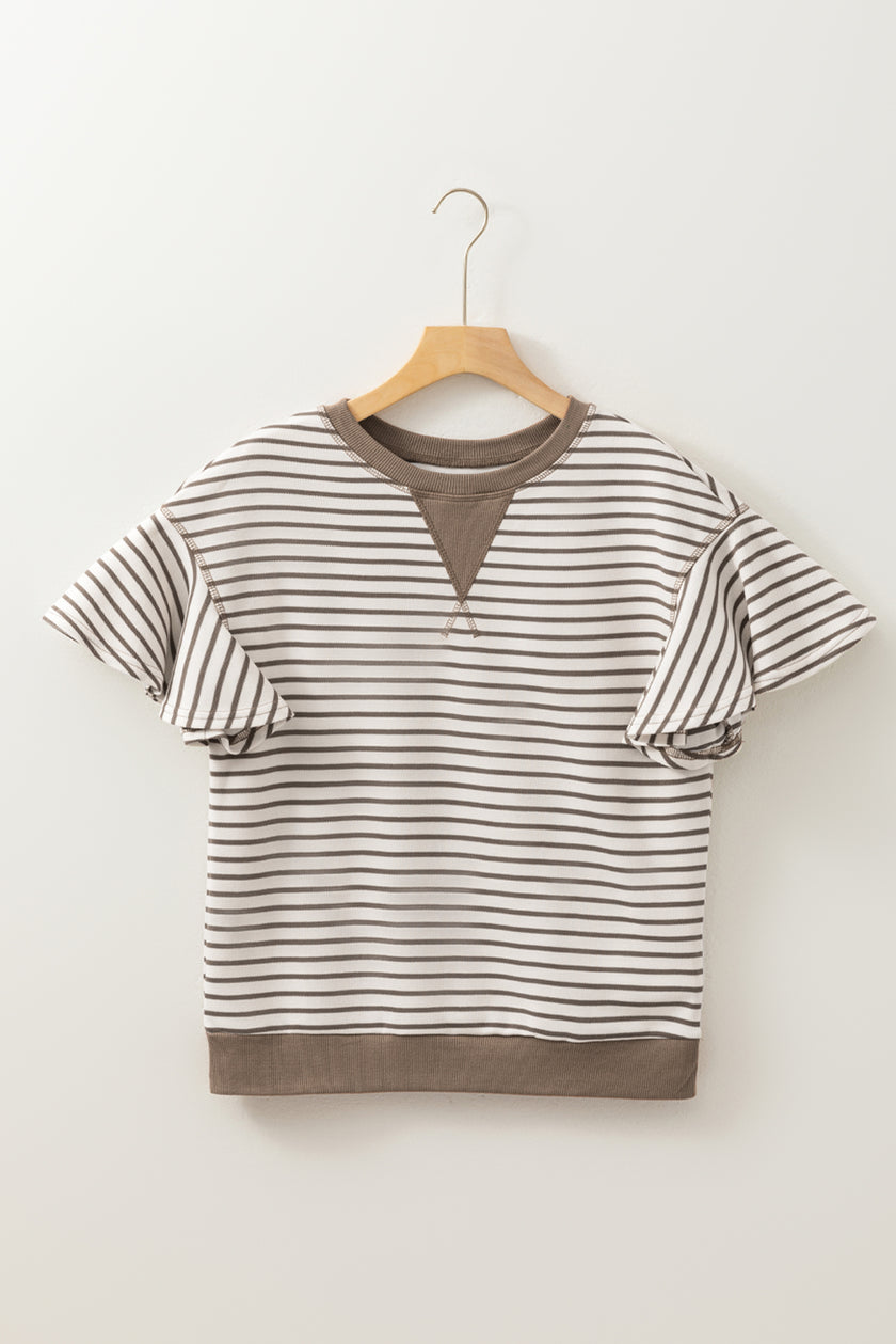 Parchment Contrast Detail Striped Ruffle Short Sleeve Top