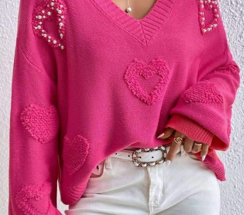 Pearl Trim Heart V-Neck Sweater