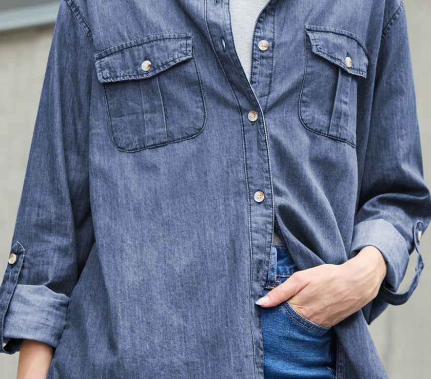 Pocketed Collared Neck Long Sleeve Denim Top