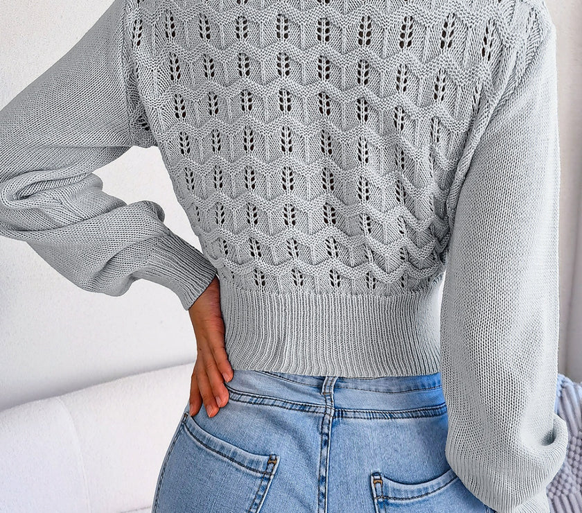 Openwork Mock Neck Long Sleeve Cropped Sweater