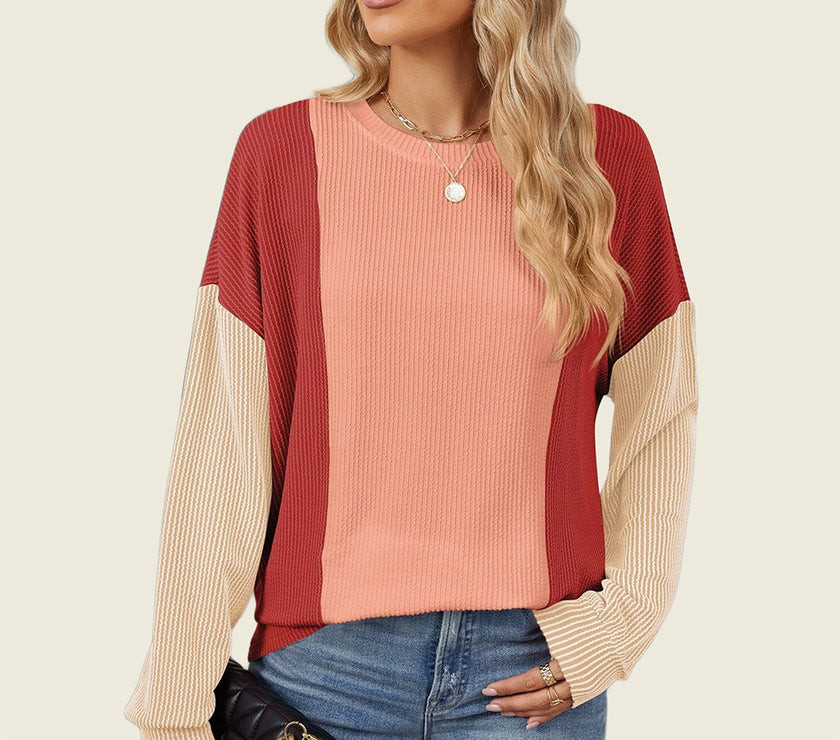 Double Take Texture Contrast Round Neck Long Sleeve T-Shirt
