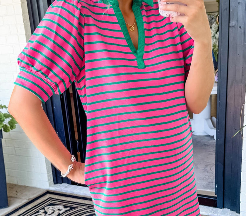 Oh Striped Johnny Collar Puff Sleeve Mini Tee Dress
