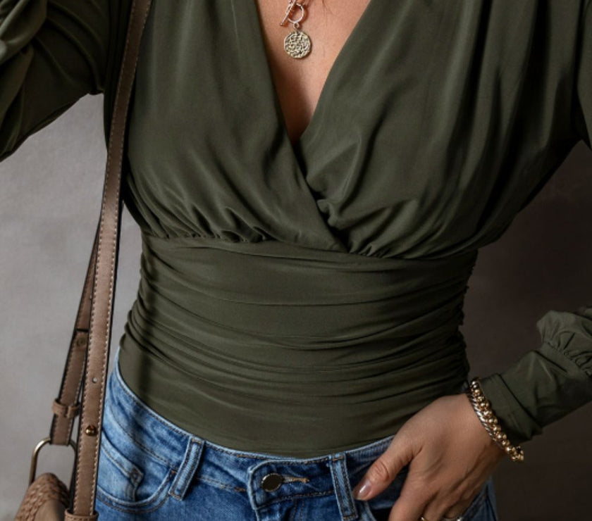 Ruched Surplice Long Sleeve Bodysuit