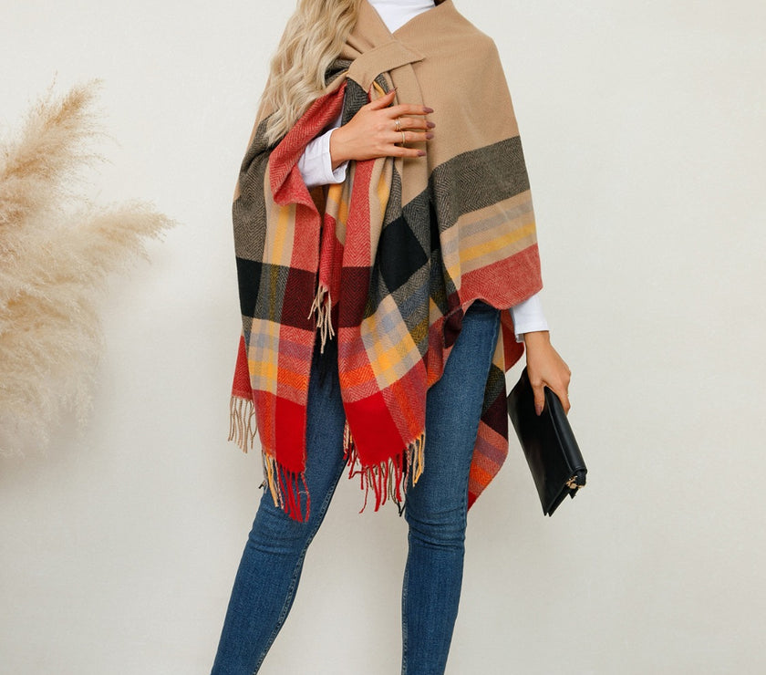 Fringe Contrast Plaid Poncho