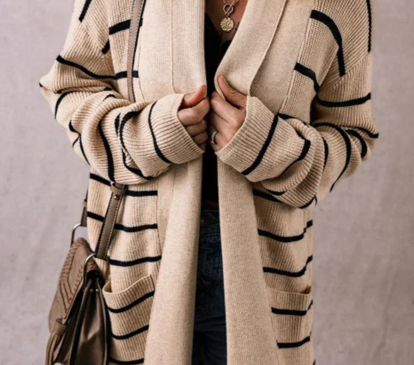 Striped Open Front Long Sleeve Cardigan