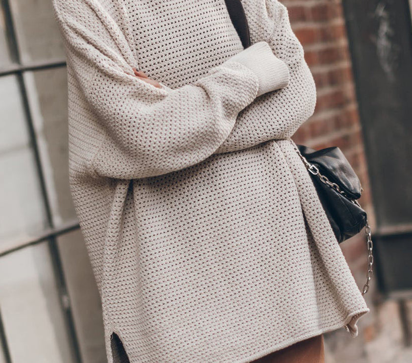 Openwork Round Neck Long Sleeve Slit Sweater