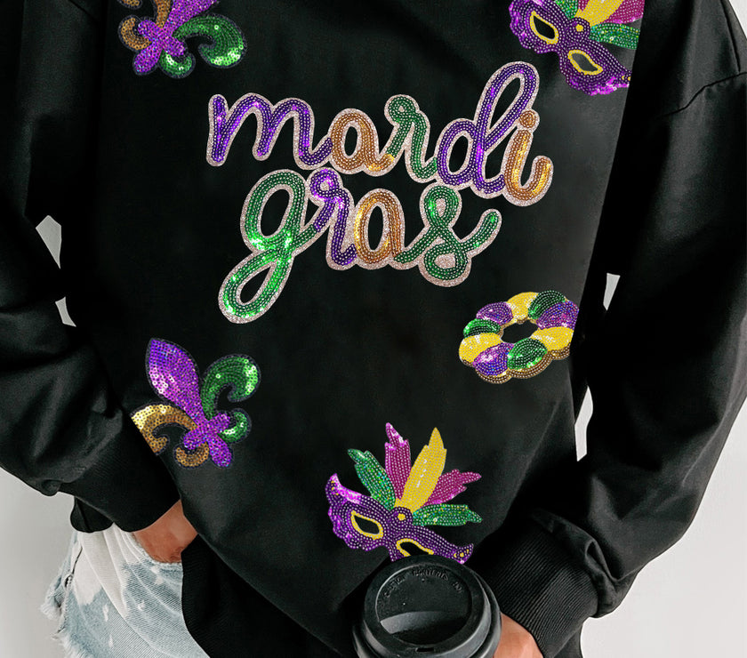 Black Sequin mardi gras Fleur de Lis Graphic Pullover Sweatshirt