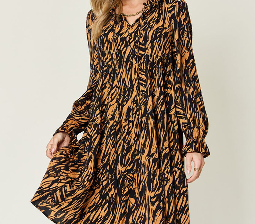 Double Take Full Size Printed Ruffle Hem Long Sleeve Dress