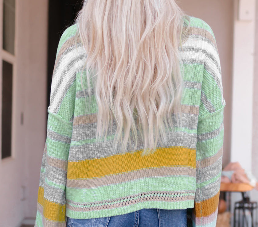 Contrast Striped Boat Neck Dropped Shoulder Sweater