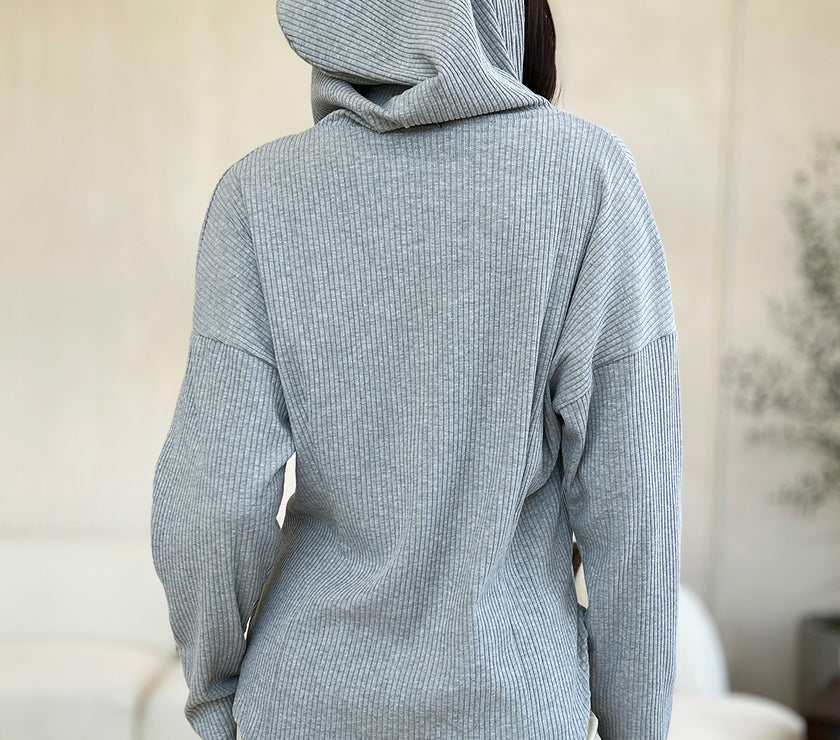 Culture Code Full Size Ribbed Zip Up Drawstring Hooded Jacket