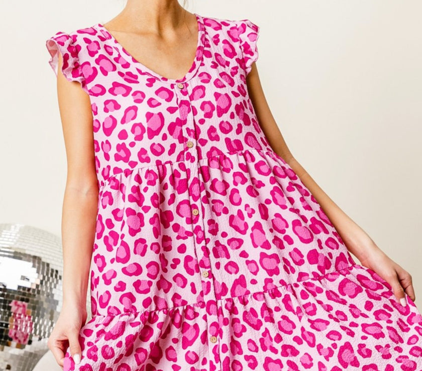 BiBi Leopard Cap Sleeve Tiered Mini Dress