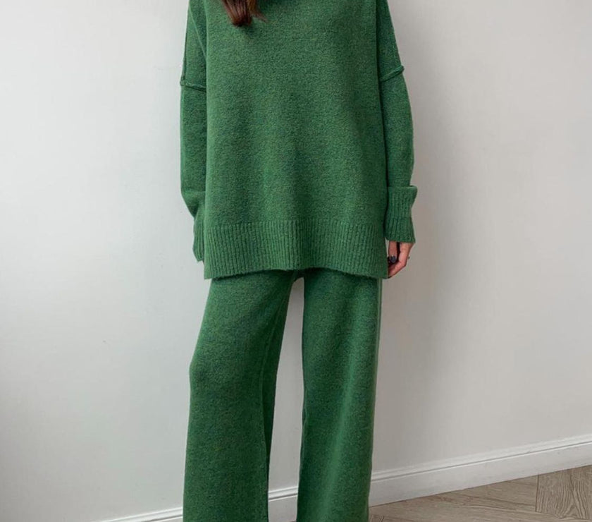 Slit Turtleneck Long Sleeve Top and Pants Sweater Set