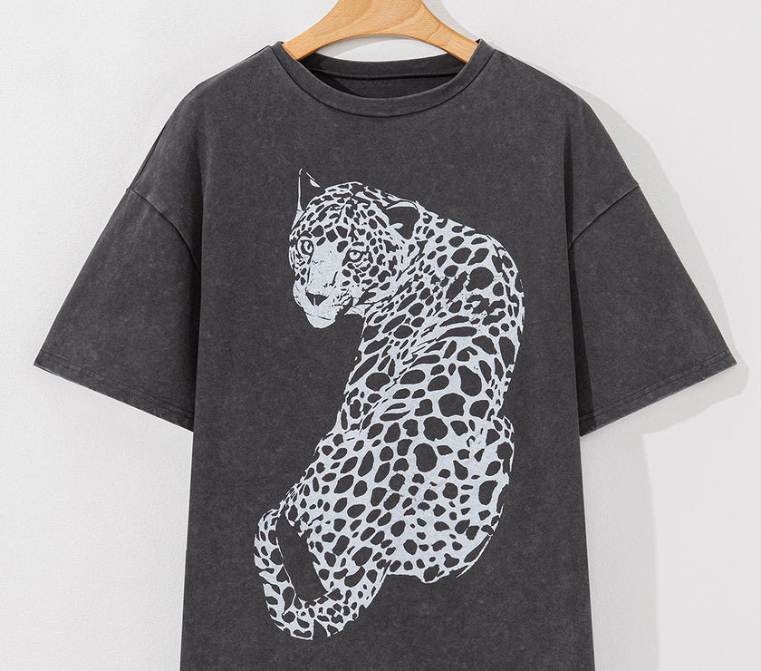 Cheetah Mineral Wash Round Neck Half Sleeve T-Shirt