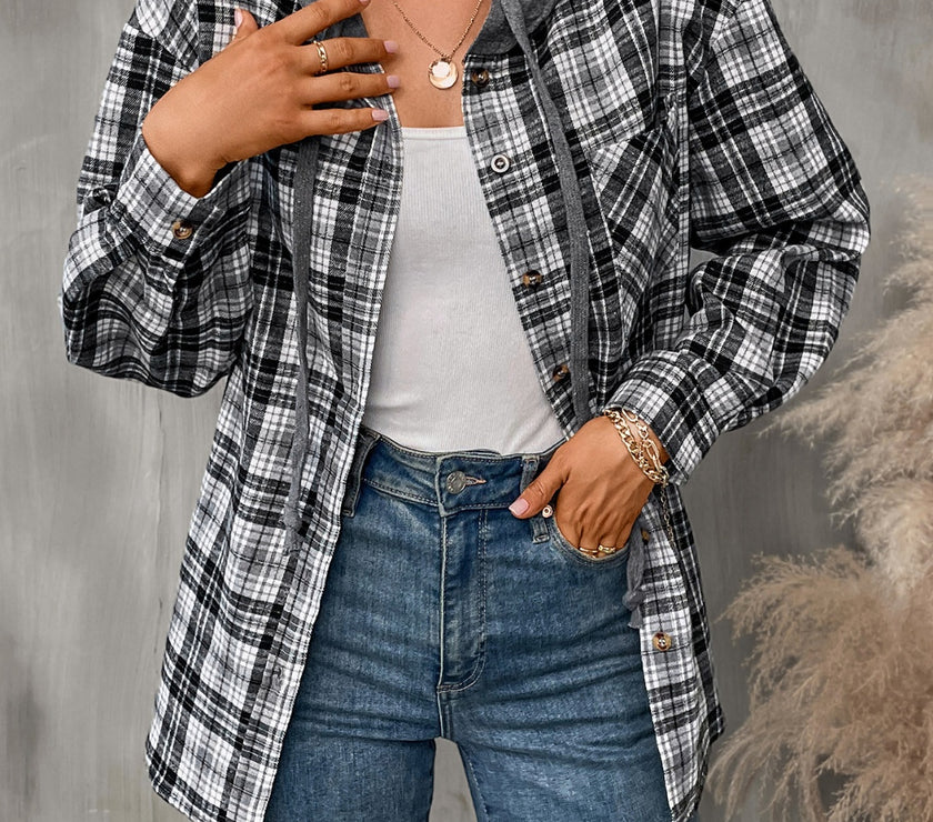 Plaid Long Sleeve Hooded Jacket