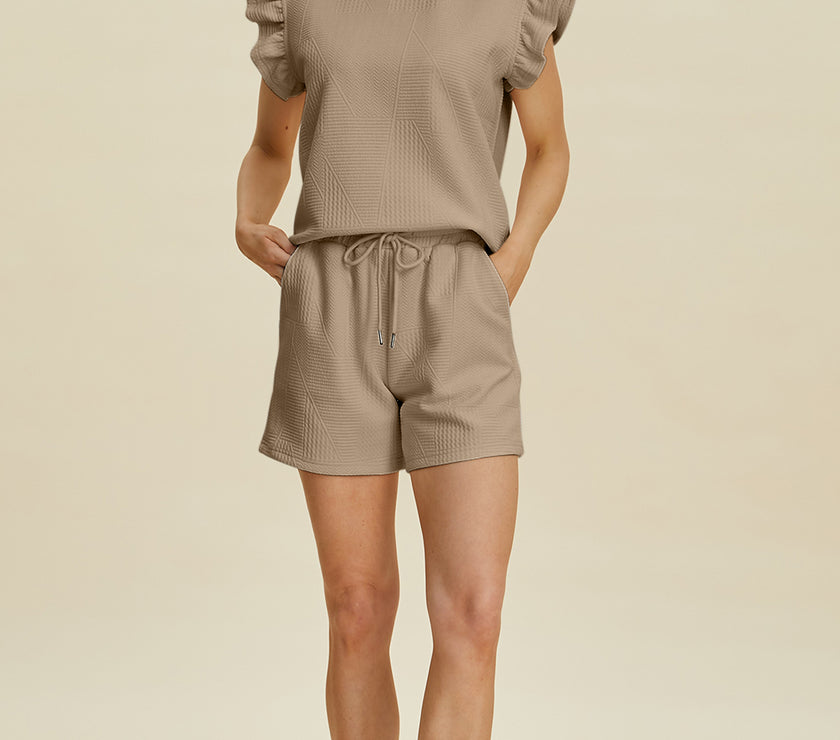 Double Take Full Size Texture Round Neck Ruffle Sleeve Top and Shorts Set