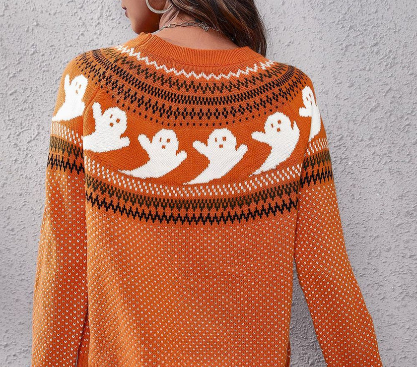 Ghost Pattern Round Neck Long Sleeve Sweater