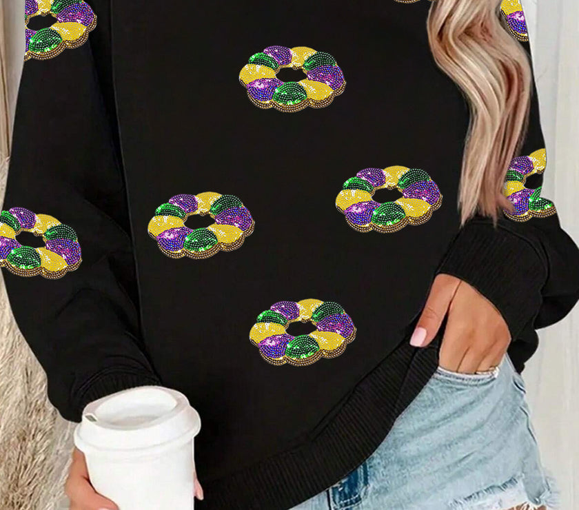Black Sequined Donuts of Mardi Gras Colors Drop Shoulder Sweatshirt