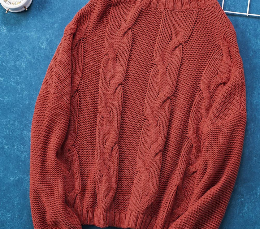 Cable-Knit Turtleneck Dropped Shoulder Sweater