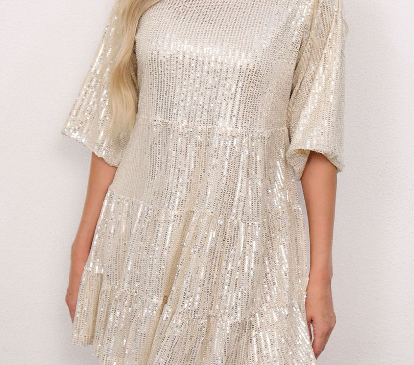 Sequin Round Neck Half Sleeve Mini Dress