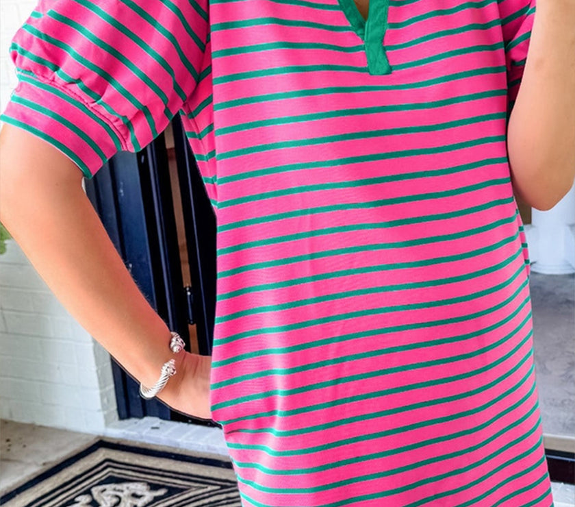 Oh Striped Johnny Collar Puff Sleeve Mini Tee Dress