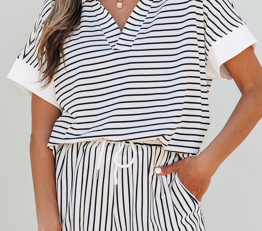 Black Stripe V Neck Tee and Casual Short Set