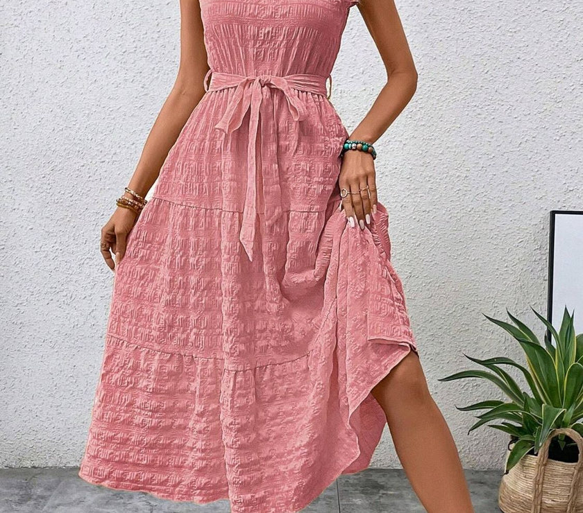 Tied Ruffled Cap Sleeve Midi Dress