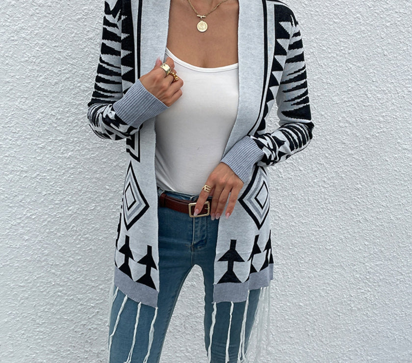 Shiny Geometric Fringe Hem Open Front Cardigan
