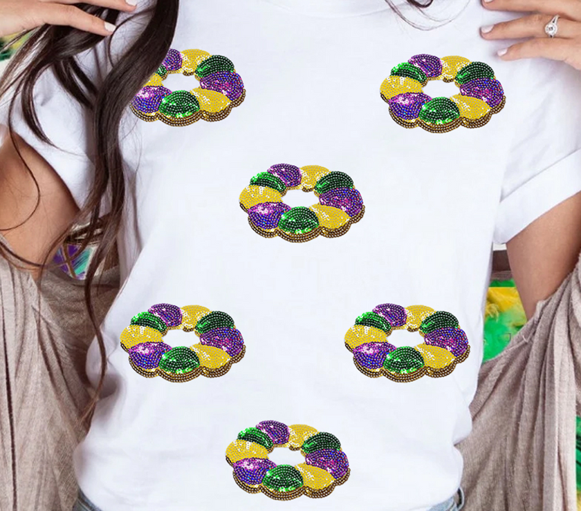 White Sequined Mardi Gras Pattern Crew Neck Short Sleeve Top