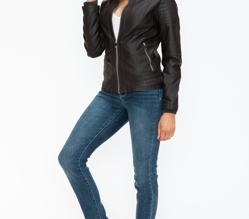 Snobbish PU Leather Biker Jacket with Side Zip Pockets