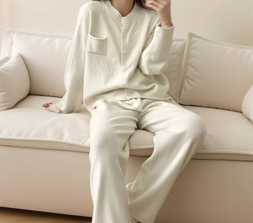 Pocketed Round Neck Button Up Cardigan and Pants Sweater Set