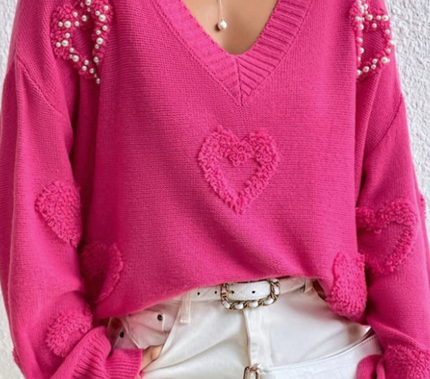 Pearl Trim Heart V-Neck Sweater