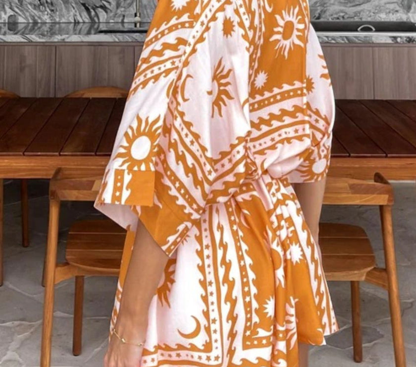 Printed Tie Waist Half Sleeve Romper